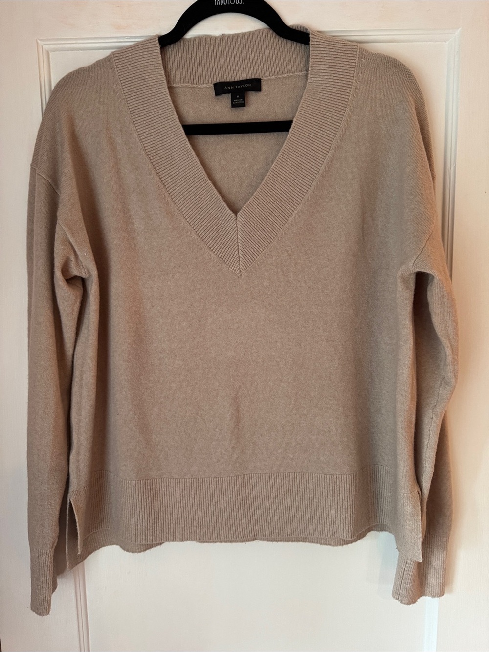 Ann Taylor Beige V-Neck Lightweight Sweater